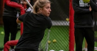 PSU Softball senior captain Taylor Lambert is practicing her batting skills with Coach Brad Fuller watching on in the indoor practice facility during a rainy day on Wednesday, February 8.