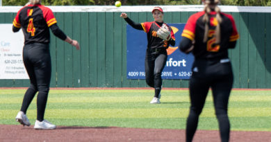 PSU freshman left fielder Heather Arnett throws to PSU shortstop Gabby Schultz on April 22, 2023, at the Pitt State Complex.