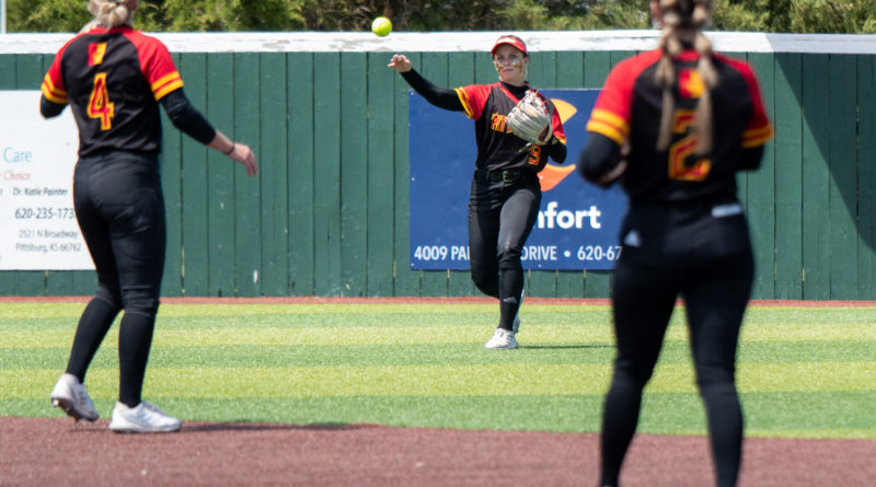 PSU freshman left fielder Heather Arnett throws to PSU shortstop Gabby Schultz on April 22, 2023, at the Pitt State Complex.