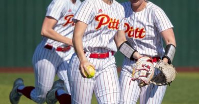 After Heather Arnett stole a homerun from the Missouri S&T Miners, she was mobbed by teammates on the way back to the dugout on Saturday, March 4, 2023, at the Pitt State Softball Complex. Photo credit to Alex Perry.