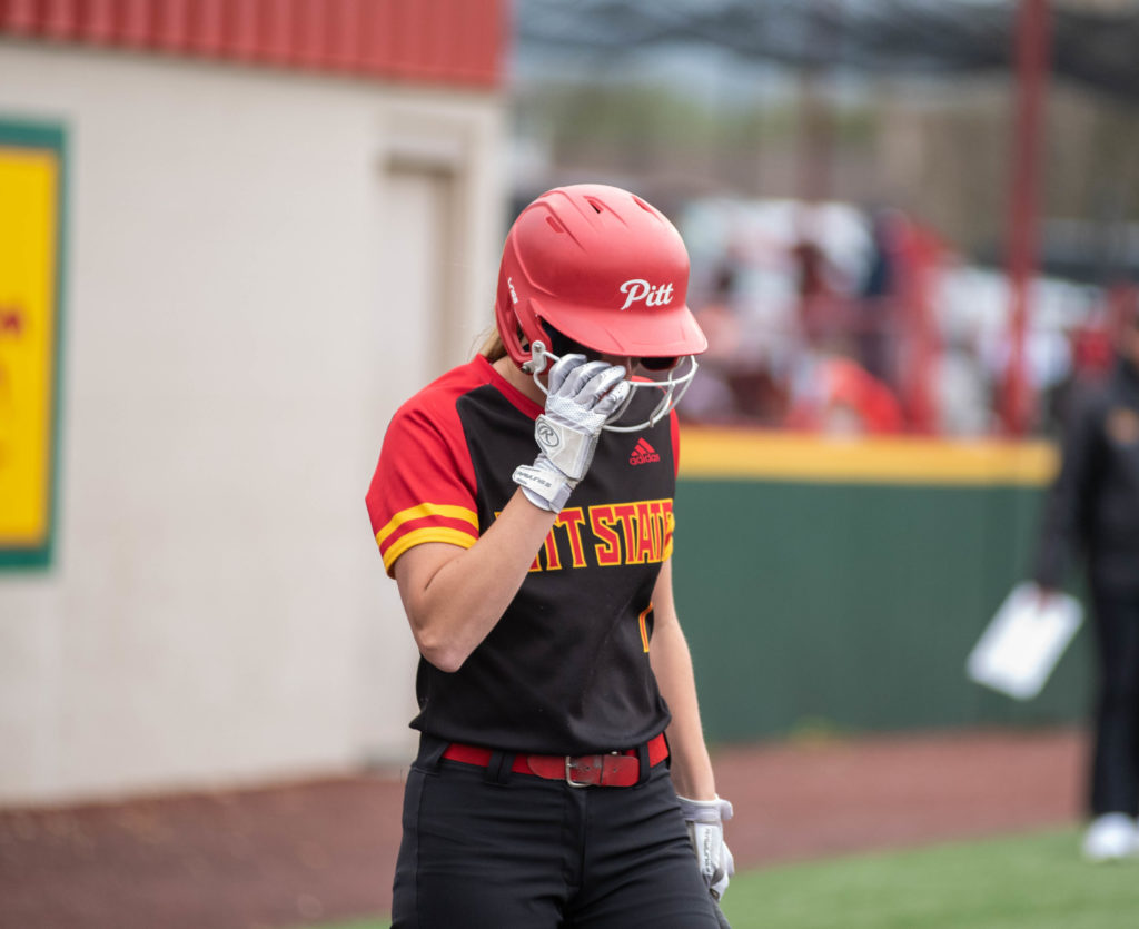 Senior outfielder Keelah Griffith is preparing for her matchup against Washburn pitcher Jaycee Ginter on Saturday, April 15 at the Pitt State Softball Complex. Photo credit to Alex Perry.